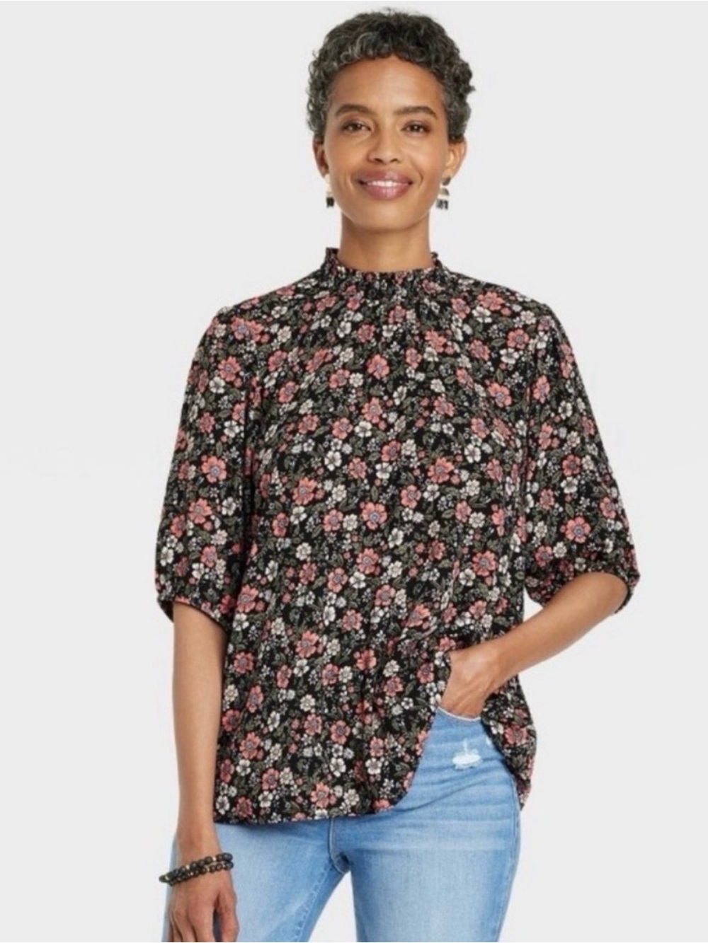 Knox Rose Black Floral Mock Neck Blouse with Pink and Cream Flowers
